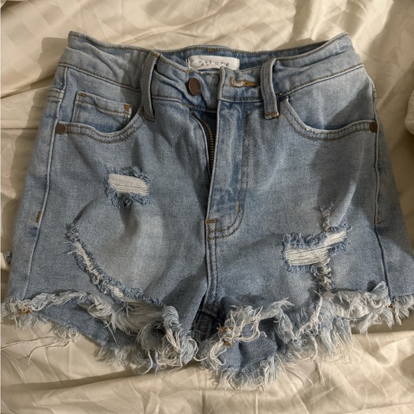 Distressed Light Blue Denim Shorts - Picture 1 of 4